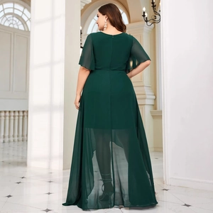Elegant dark green chiffon evening dress with ruffle sleeves and high-low hem view from back