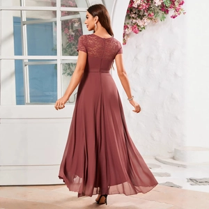 Elegant rose red chiffon evening dress with lace patchwork shoulder and belt