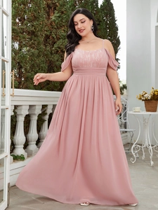 Plus Size Women's Cold Shoulder Lace Patchwork Chiffon Maxi Dress Elegant Back Tie Bow Formal Evening Gown