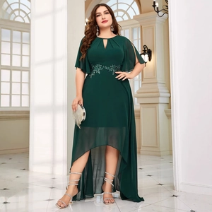 Dark green chiffon evening gown with waist embroidery and high-low hemline for parties