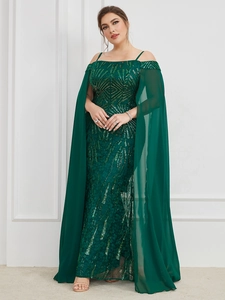 Detailed embroidery of shimmering sequins and flowing chiffon cape sleeves on a dark green gown
