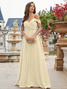 Elegant champagne off-shoulder chiffon evening gown with pleated bodice and long A-line skirt