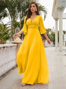 Elegant bright yellow chiffon floor-length gown with a deep V-neck and ruffled sleeves
