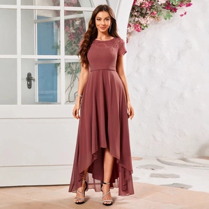 Elegant rose pink chiffon dress with lace neckline and high-low hemline silhouette