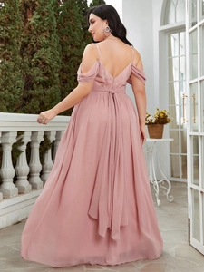 Elegant dusty pink lace chiffon gown with back bow tie and spaghetti straps