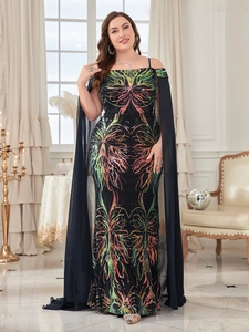 Elegant black evening gown with colorful sequins, cape sleeves and off-shoulder slim fit