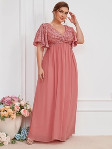 Detail of rose gold V-neck sequined bodice and elegant chiffon floor-length evening gown