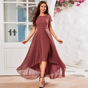 Elegant rose red chiffon dress with lace bodice and irregular hem for evening events