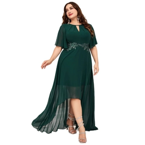 Elegant dark green chiffon evening dress with round neck, lace waist, and high-low hemline