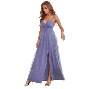 Sparkly light purple tulle evening gown with spaghetti straps and high slit design