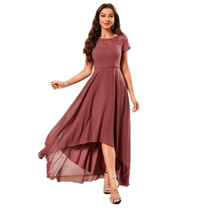 Elegant mauve chiffon high-low evening dress with round neck and lace detailing