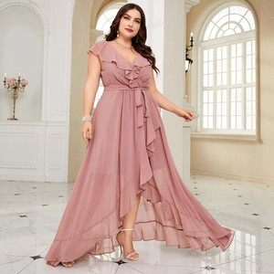 Plus Size V-Neck Ruffle Chiffon Evening Gown Elegant High Low Hem Party Dress With Tie Waist For Women Banquet