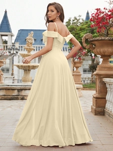 Elegant off-shoulder champagne chiffon maxi evening dress with a-line skirt for formal events