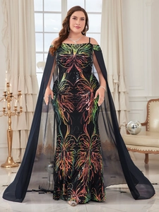 Elegant sequined floor-length evening dress with off-shoulder cape and floral patterns