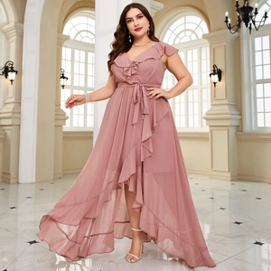 Elegant V-neck chiffon evening gown with waist tie and tiered ruffled skirt in mauve pink