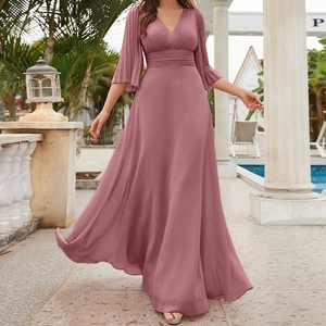 Detail of elegant mauve V-neck chiffon maxi dress with pleated sleeves and cinched waistline