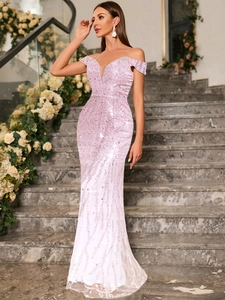 Detailed view of the lavender sequin off-shoulder evening gown with a sheer mesh neckline