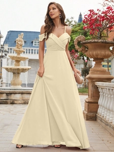 Elegant champagne off-shoulder chiffon evening maxi dress with pleated bodice for women