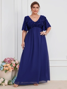 Detail of elegant navy blue V-neck sequined bodice and chiffon sleeves on plus size dress