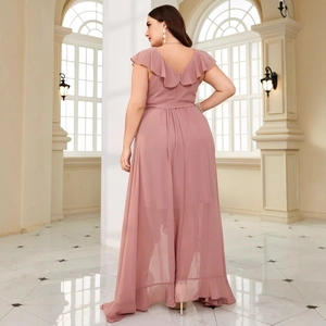 Elegant plus size V-neck chiffon evening gown in mauve with ruffles and open back design