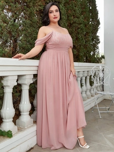 Elegant mauve chiffon lace maxi dress with thin straps and a flowy pleated long skirt