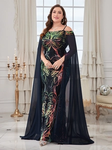 Navy blue sequin evening dress with cold-shoulder design and flowing floor-length cape