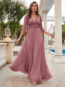 Detail view of the V-neck dusty rose chiffon evening dress with pleated flutter sleeves