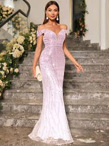 Detail of lavender sequined off-shoulder evening gown with mesh plunging neckline