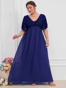 Detail of royal blue V-neck sequins and elegant chiffon bell sleeves on plus size maxi dress