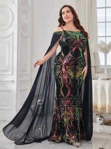 Sparkly sequin evening gown with cold-shoulder cape sleeves and long train