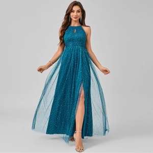 Elegant Teal Sequin Mesh Evening Dress For Women Halter Neck High Slit Maxi Formal Party Gown Sleeveless Dress