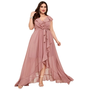 Elegant dusty rose V-neck chiffon maxi dress with ruffle details and irregular hem