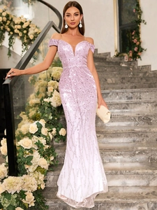 Close-up of off-shoulder neckline with sequin embroidery on lavender fishtail evening dress