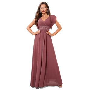 Robe de soirée élégante col en V profond rose poudré en mousseline et broderie