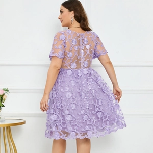 Robe en dentelle violette à col en V avec broderies florales et manches courtes, vue de dos