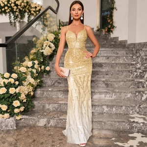 Elegant champagne sequin V-neck evening gown with a gradient fishtail silhouette and straps