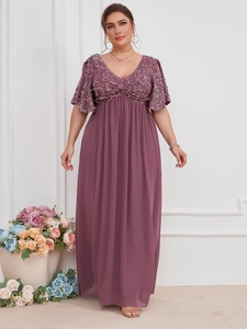 Detail of elegant deep purple V-neck maxi dress with sequined bodice and slit sleeves
