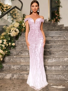 Close-up of lavender sequin off-shoulder evening gown with shimmering fish-tail detail