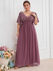 Detail of the V-neck bodice with silver sequins on a lavender plus size evening gown