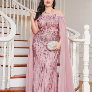 Close-up of radiant sequin embroidery on this elegant dusty rose chiffon evening gown