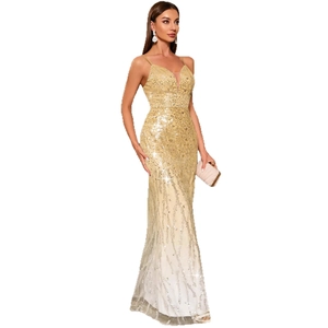Champagne gold sequin V-neck evening dress with slim fit fishtail maxi skirt silhouette