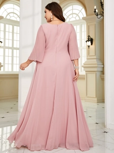 Back view of elegant V-neck pleated maxi dress with bell sleeves in lotus root pink