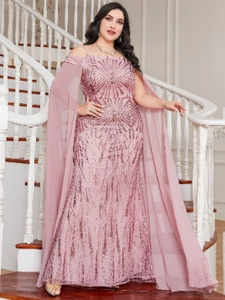 Detail of sequined pink mermaid evening gown featuring elegant chiffon cape sleeves