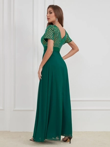 Elegant V-neck dark green sequin patchwork chiffon long evening dress for formal events