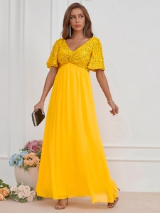 Robe de soirée élégante jaune vif à col en V avec paillettes et jupe longue en mousseline