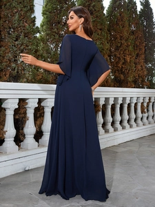Elegant dark blue V-neck chiffon evening gown with ruffled sleeves and floor-length skirt
