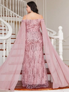 Rear view of rose pink sequin evening gown with floor-length tulle cape sleeves
