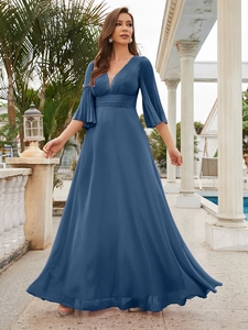 Detail of elegant navy V-neck chiffon evening gown with pleated bell sleeves and a flowing skirt