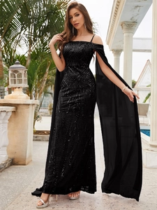 Detail of elegant black sequin embroidery on sheer chiffon sleeve for evening gown