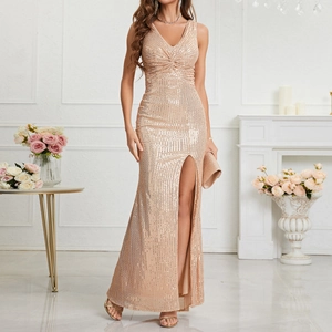Women Elegant V-Neck Sequin Evening Dress High Slit Sleeveless Maxi Dress Formal Party Prom Mermaid Long Gown For Wedding